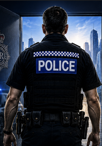 Police officer viewed from behind looking towards a city skyline